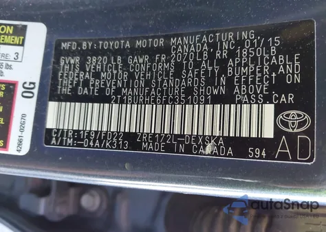 2015 Toyota Corolla S from USA, damaged, VIN 2T1BURHE6FC351091